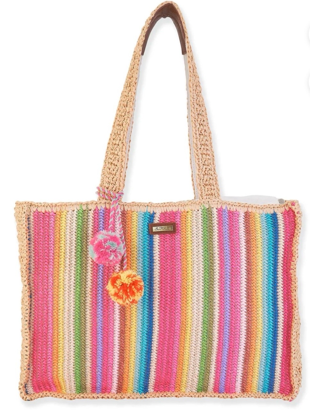 Striped Crochet Tote Bag with Pom-Pom Accents - Pink Multi